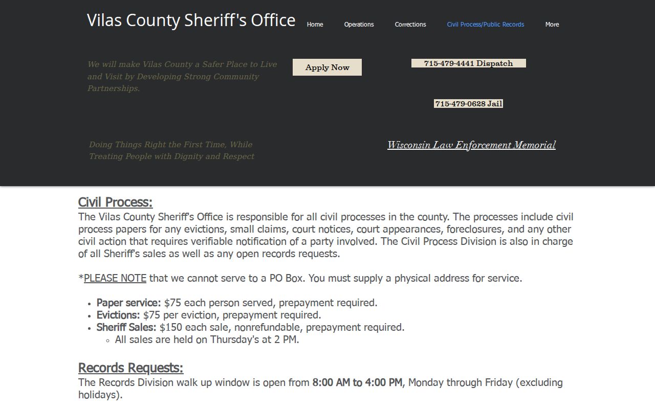 Vilas County arrest report request instructions from Sheriff Records