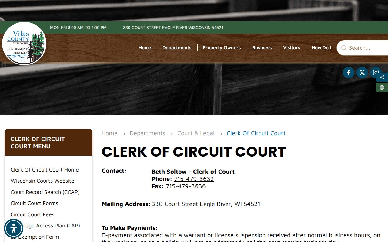 Vilas County court case lookup clerk contact page